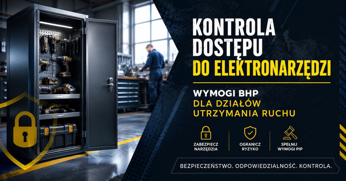 Zamykana metalowa szafa warsztatowa z elektronarzędziami w dziale utrzymania ruchu