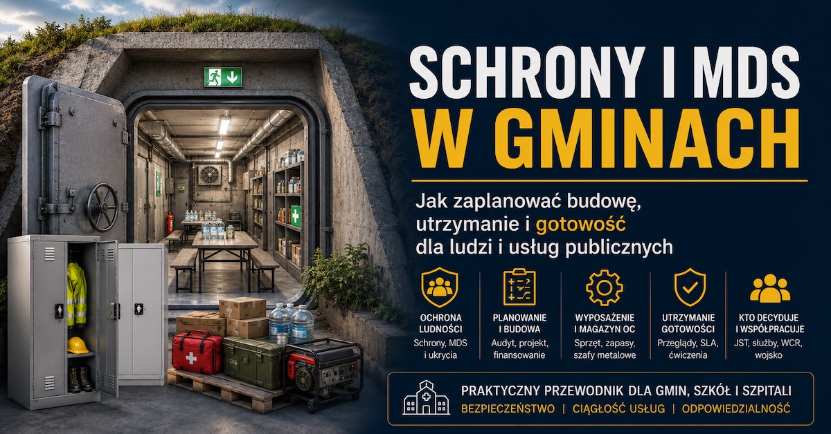 Wejście do obiektu ochronnego z zapleczem magazynu OC, wyposażeniem i schematem gotowości dla gmin