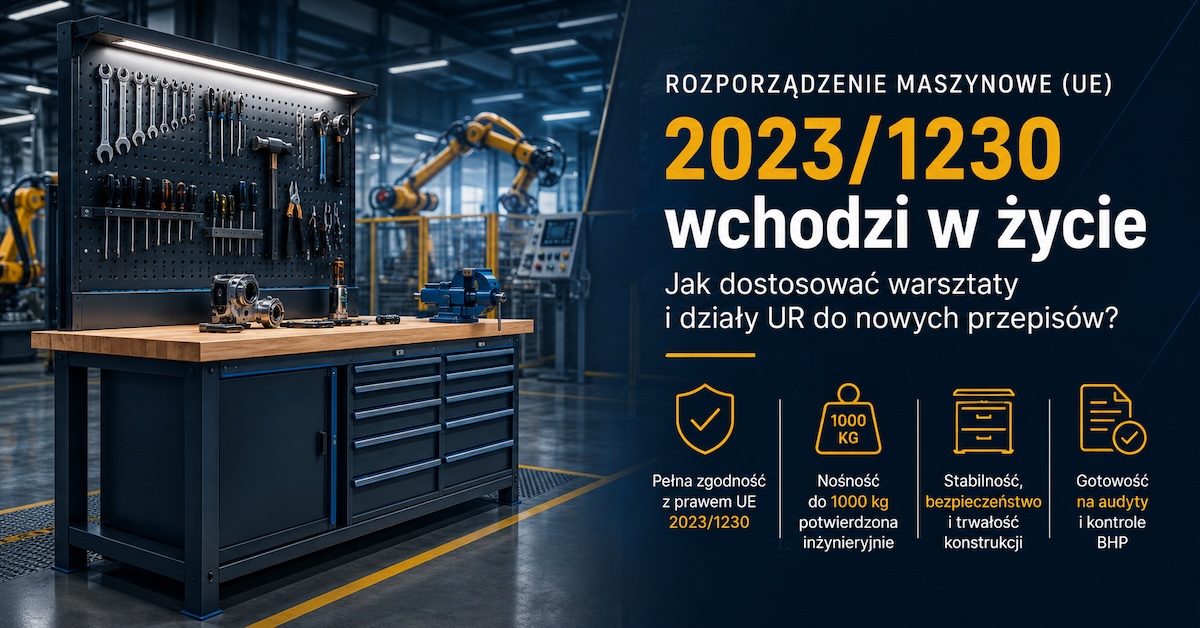 Stanowisko utrzymania ruchu przy linii automatycznej z metalowym stołem warsztatowym, szafą narzędziową i perforowaną ścianką