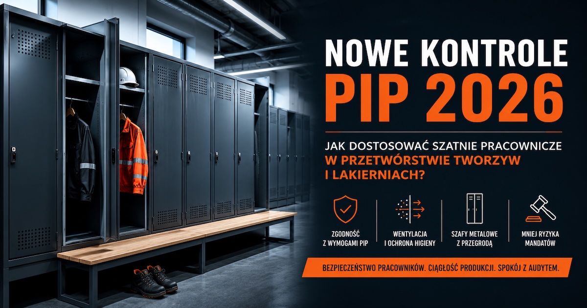 Metalowe szafy BHP w szatni pracowniczej zakładu przemysłowego