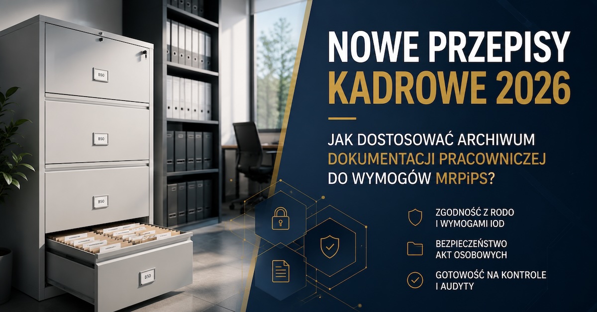 Metalowe szafy kartotekowe i aktowe w uporządkowanym archiwum dokumentacji pracowniczej
