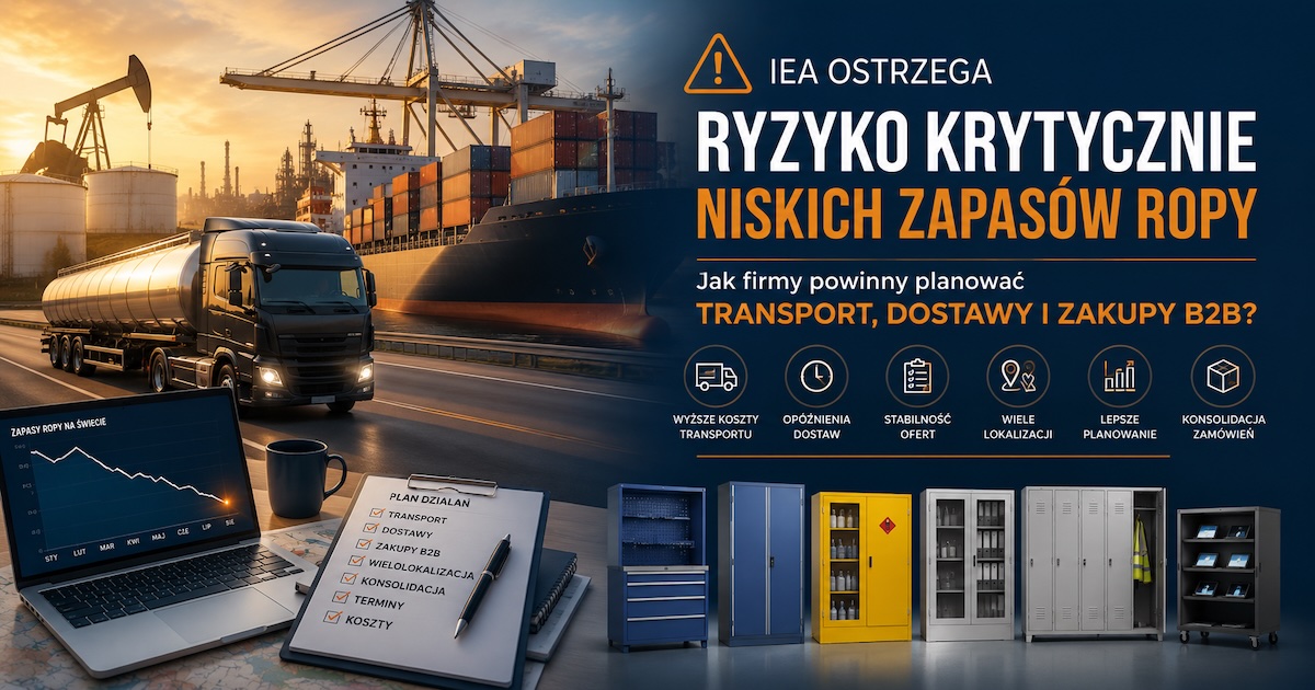 Ciężarówka dostawcza przy magazynie i wykres rynku paliw w tle, symbolizujące wpływ rynku ropy na dostawy B2B