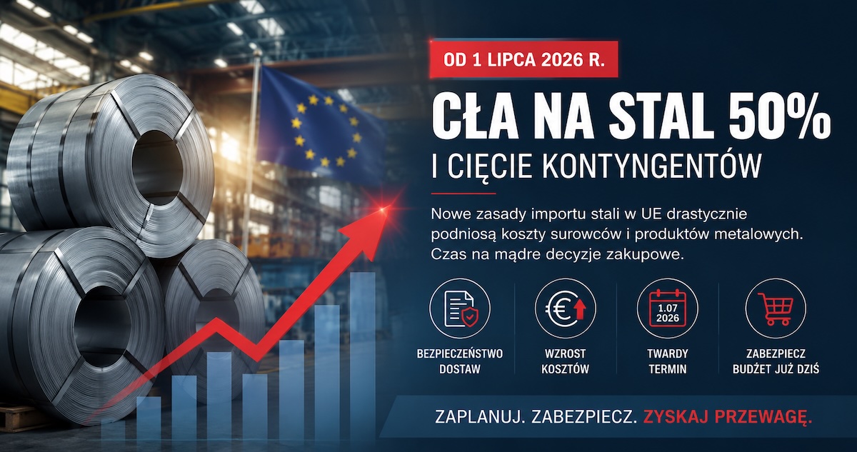 Magazyn z arkuszami stali, regałami i metalowymi szafami jako symbol wpływu ceł na zakupy B2B
