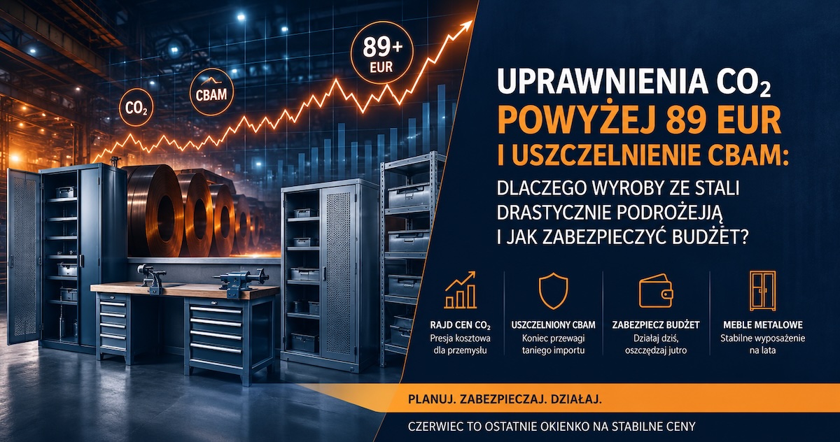 Analityczny widok kosztów stali, CO2 i CBAM wpływających na meble metalowe w firmie