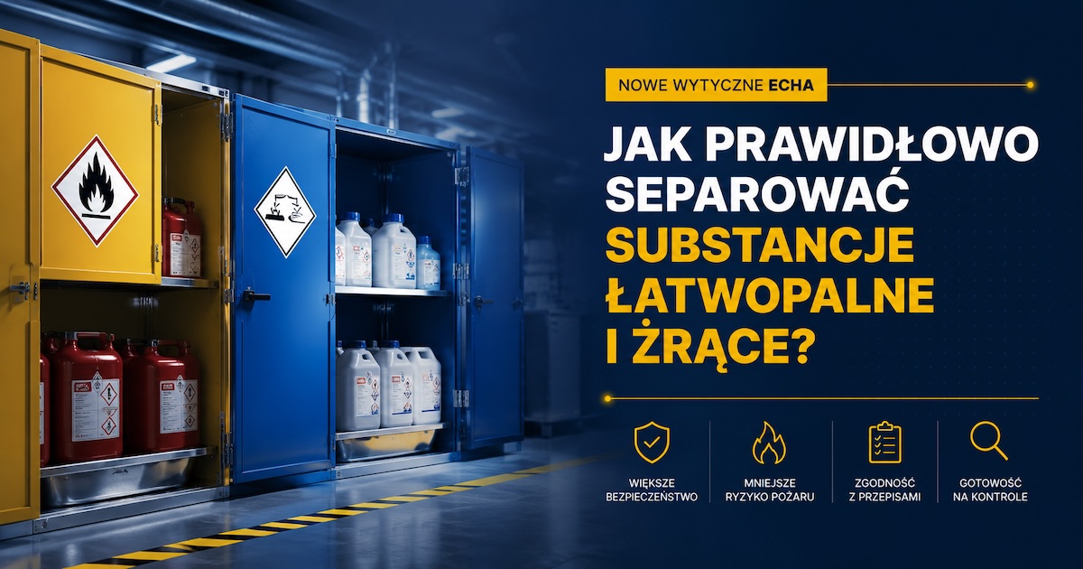 Szafy chemiczne w strefie laboratoryjnej z oznaczeniami CLP i oddzielonymi grupami substancji
