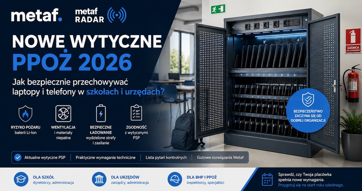 Metalowa szafa do przechowywania i ładowania laptopów oraz telefonów w obiekcie publicznym