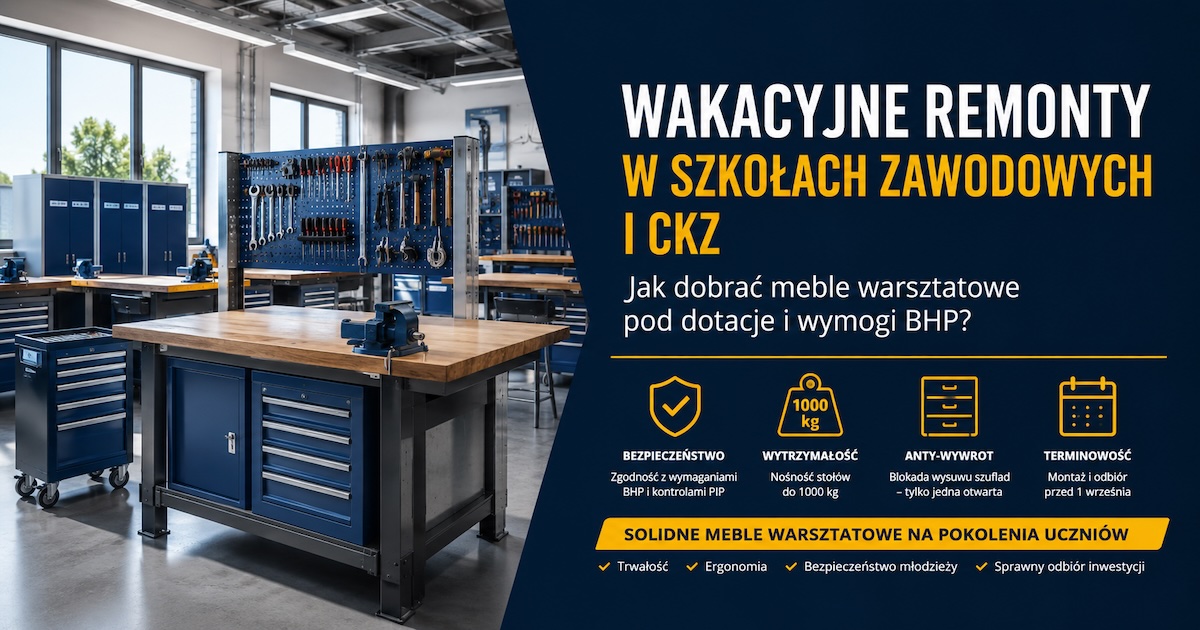 Warsztat szkolny z ciężkimi stołami roboczymi, szafami narzędziowymi i ekranami perforowanymi przygotowany do odbioru po remoncie wakacyjnym