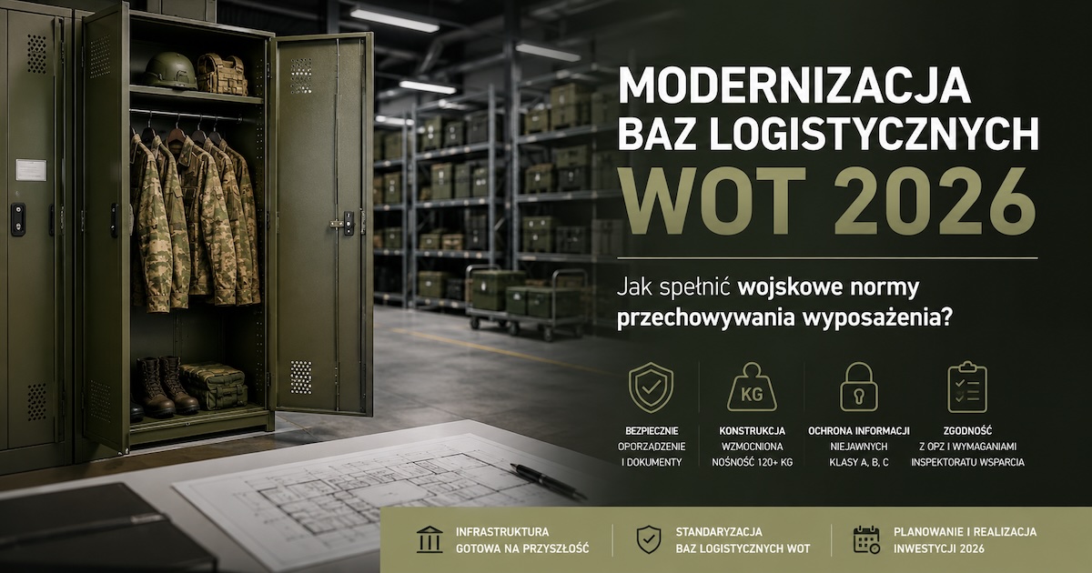 Magazyn mundurowy jednostki wojskowej z rzędami wzmocnionych szaf stalowych i regałów technicznych