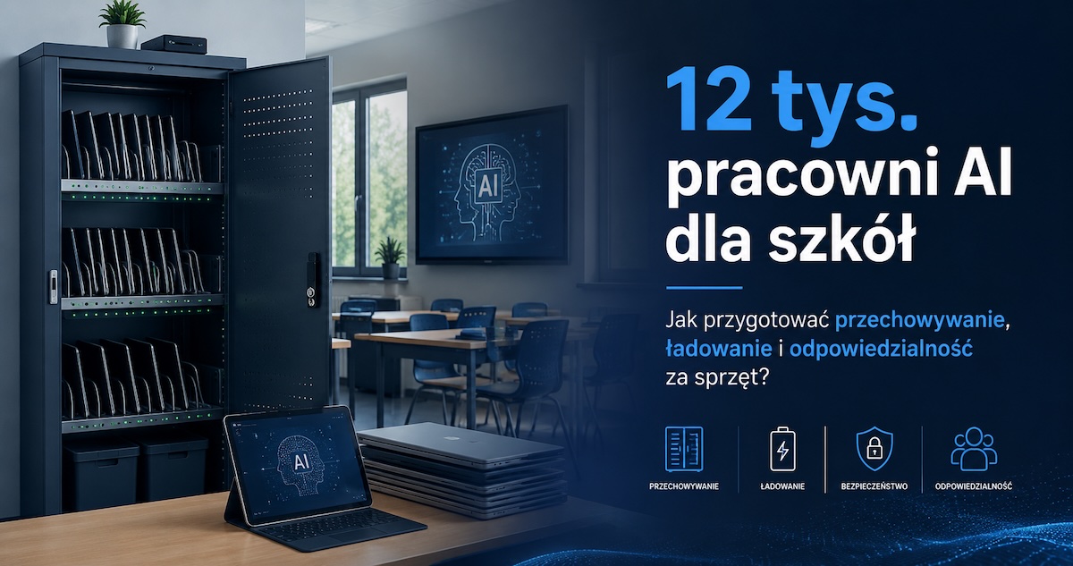 Szkolna strefa z metalową szafą do przechowywania laptopów i tabletów