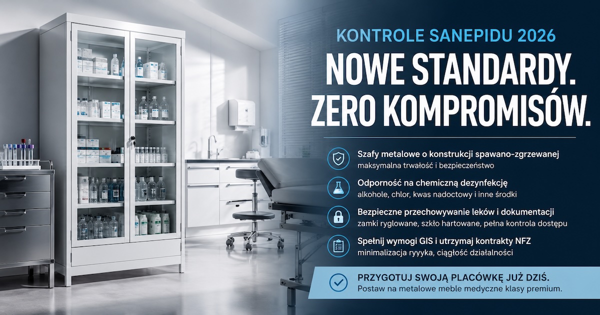 Sterylne zaplecze gabinetu medycznego z białymi szafami metalowymi i przeszklonymi frontami