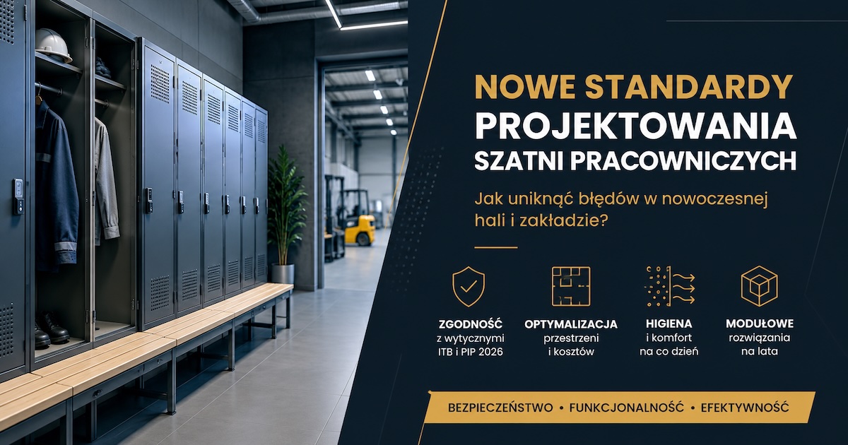 Modułowe metalowe szafy BHP z ławkami w jasnej szatni pracowniczej zakładu produkcyjnego