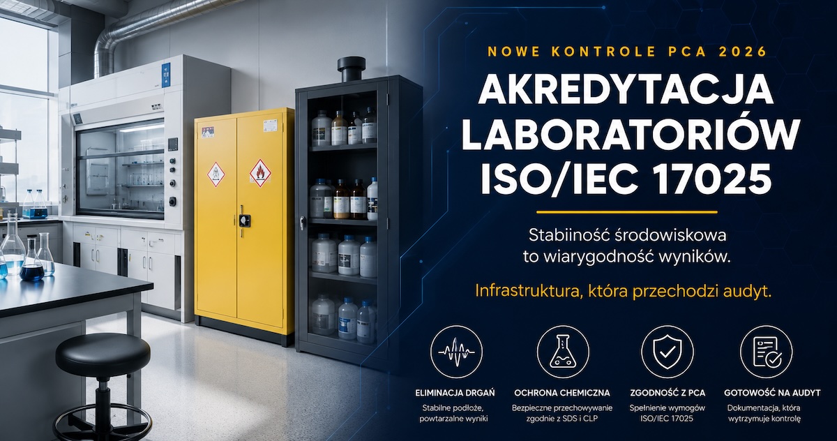 Metalowe szafy chemiczne i stół laboratoryjny w kontrolowanym laboratorium badawczym