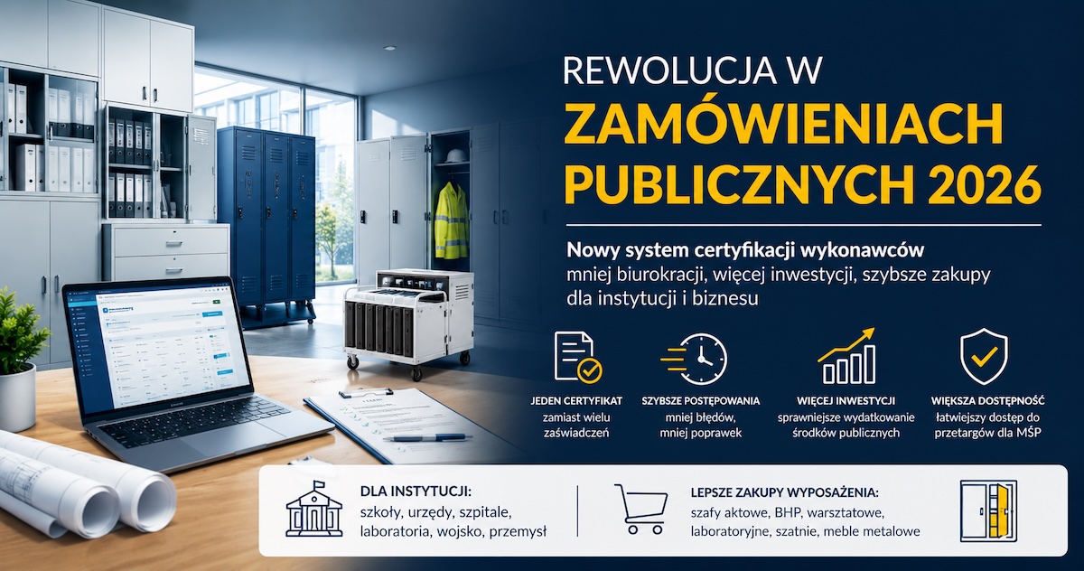 Schemat zamówień publicznych z certyfikatem wykonawcy, dokumentami OPZ i wyposażeniem instytucji