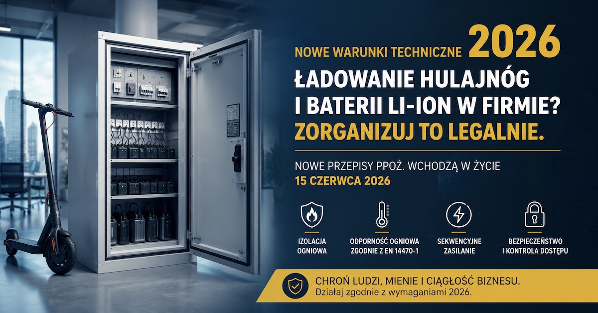 Wydzielona strefa ładowania baterii Li-Ion w biurze z ciężką szafą metalową i kontrolą dostępu