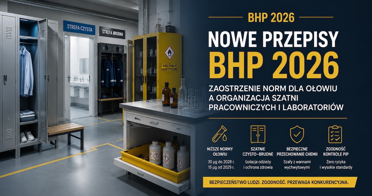 Szatnia pracownicza i strefa laboratoryjna z metalowymi szafami BHP oraz szafą chemiczną