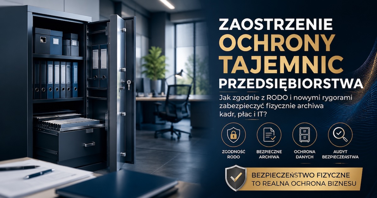 Zamykane szafy metalowe i dokumenty HR w uporządkowanym archiwum biurowym