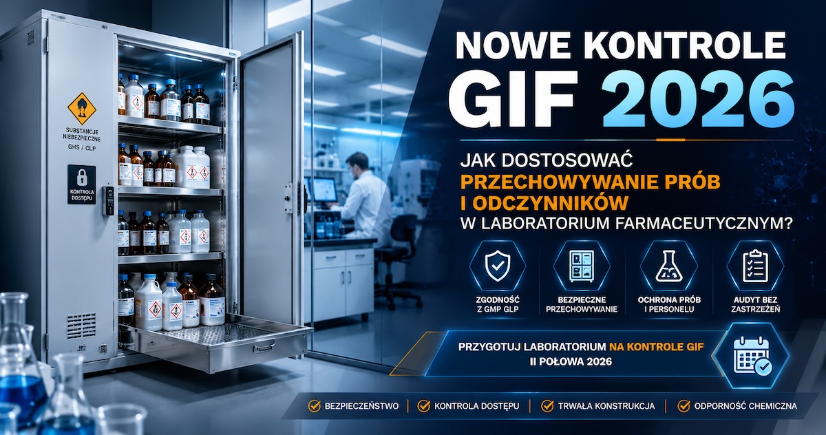 Metalowa szafa chemiczna w laboratorium farmaceutycznym z opisanymi strefami przechowywania odczynników
