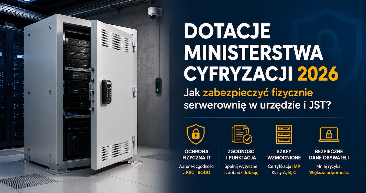 Szafa metalowa wzmocniona w pomieszczeniu technicznym urzędu chroniąca urządzenia IT i nośniki kopii zapasowych
