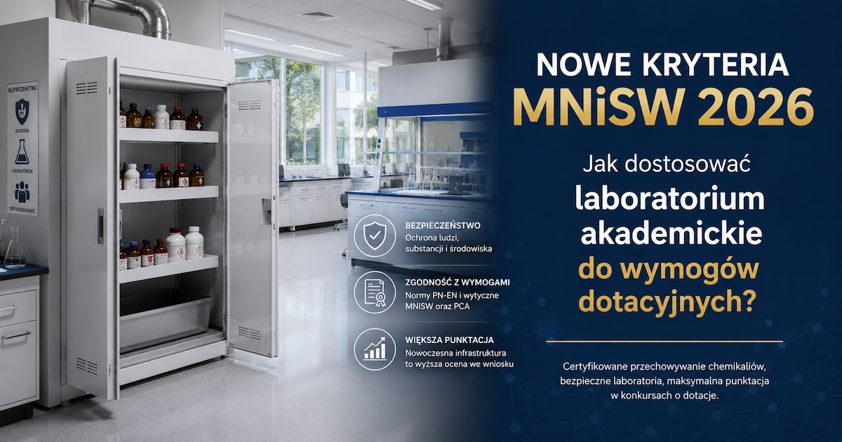 Metalowa szafa chemiczna w akademickim laboratorium z widocznymi tacami wychwytowymi i dokumentacją SDS