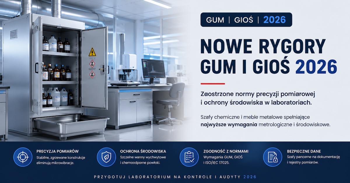 Metalowe szafy laboratoryjne i stół pomiarowy w nowoczesnym laboratorium kontroli jakości