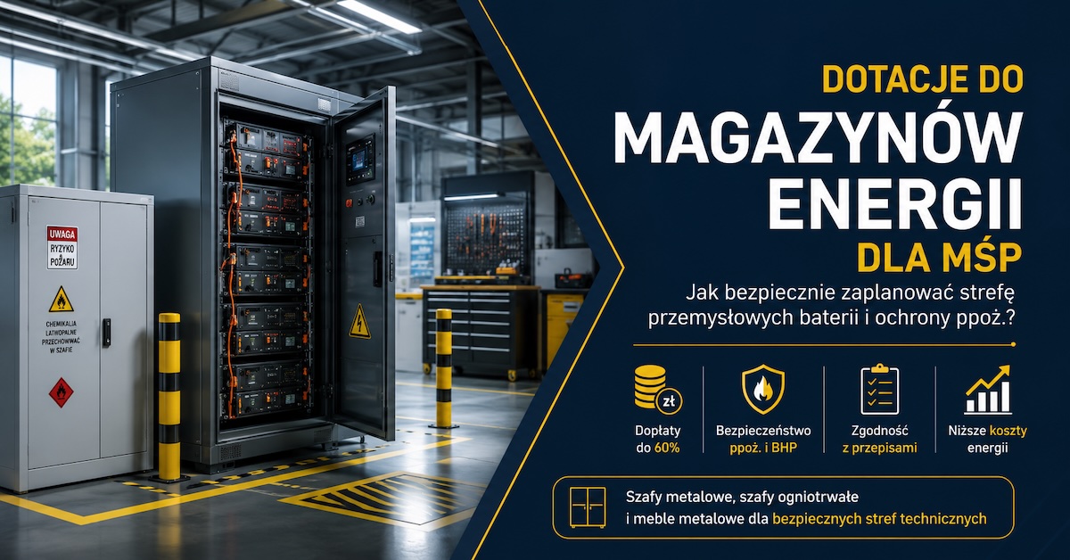 Hala przemysłowa z wydzieloną strefą magazynu energii, zapleczem technicznym i metalowymi szafami