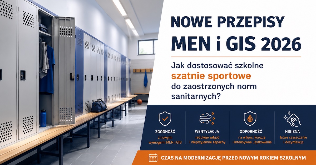 Nowoczesna szkolna szatnia sportowa z metalowymi szafkami i ławkami przy sali gimnastycznej
