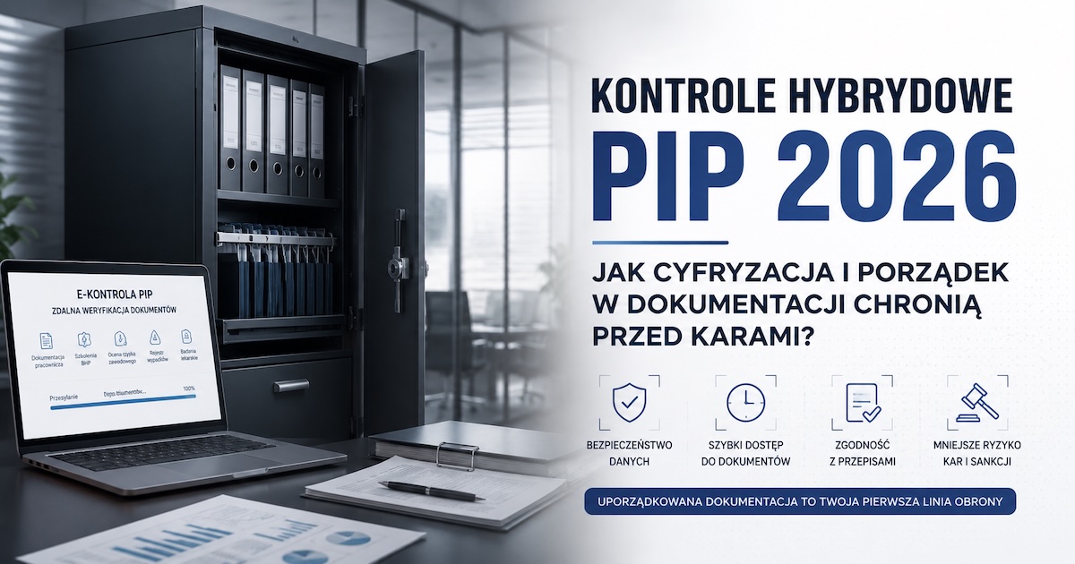 Zamykana metalowa szafa kartotekowa w biurze HR przygotowanym do kontroli PIP