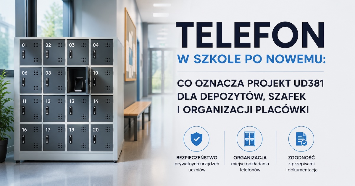 Korytarz szkolny z uporządkowaną strefą skrytek na telefony i urządzenia