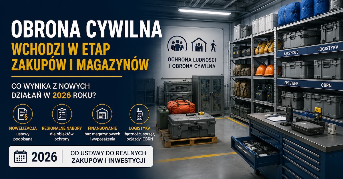 Uporządkowany magazyn wyposażenia ochrony ludności z metalowymi szafami i regałami