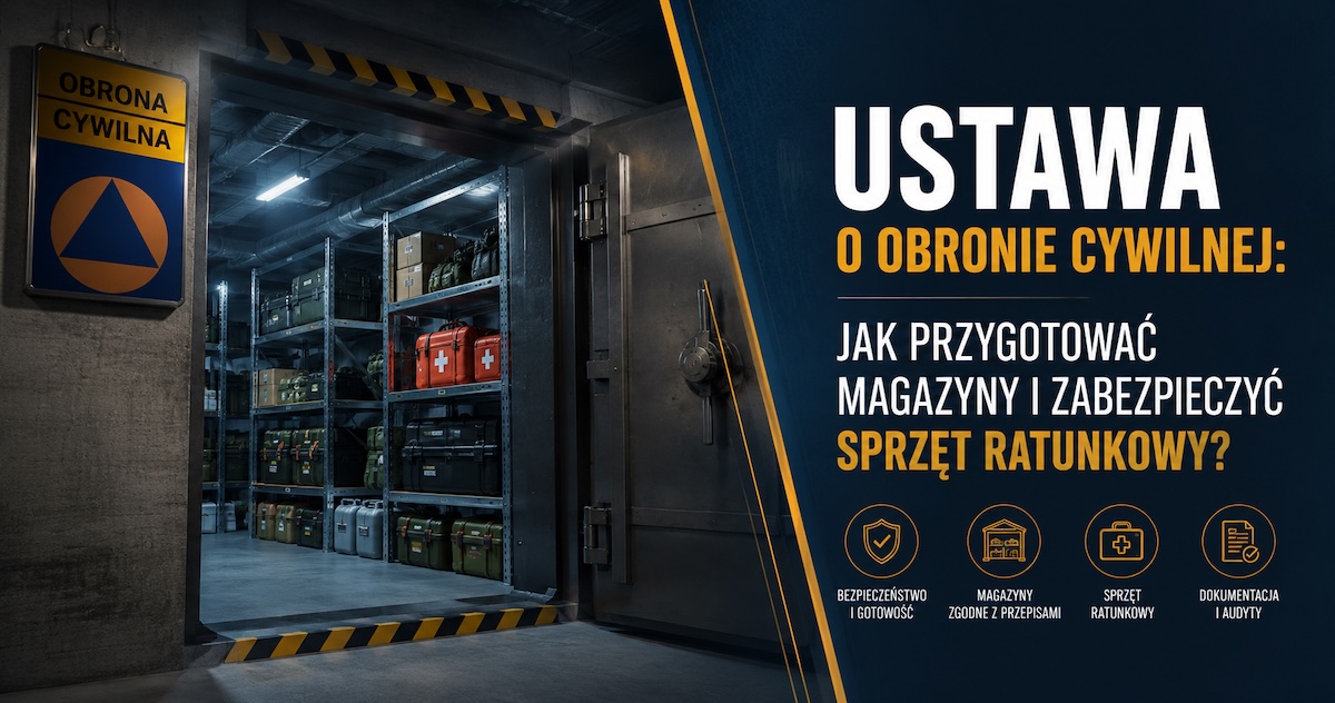 Regały z zasobami ratunkowymi i zamykane szafy techniczne w magazynie obrony cywilnej