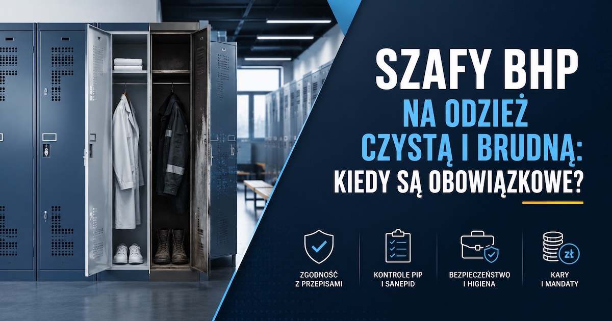 Szatnia pracownicza z rzędami metalowych szaf BHP w zakładzie przemysłowym