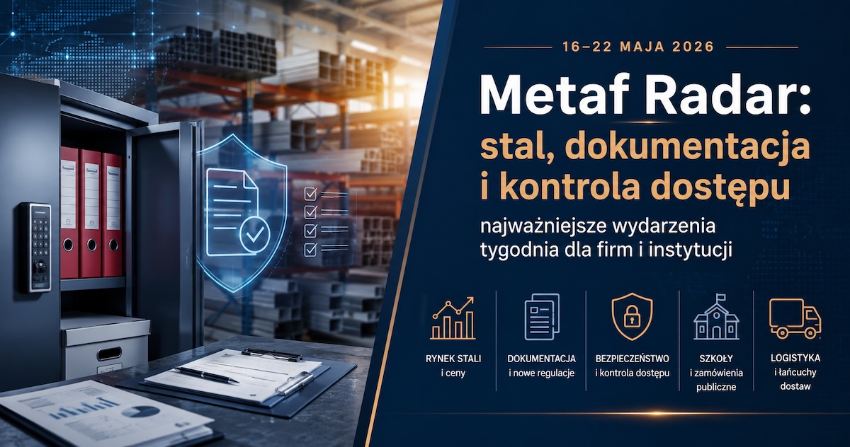 Analityczny widok biura zakupów z dokumentami, szafami metalowymi, wykresem kosztów i magazynem w tle