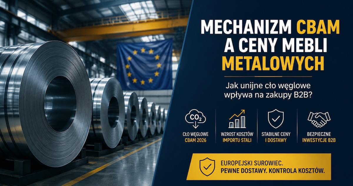 Stalowe kręgi blachy walcowanej i dokumenty celne symbolizujące wpływ CBAM na koszty mebli metalowych