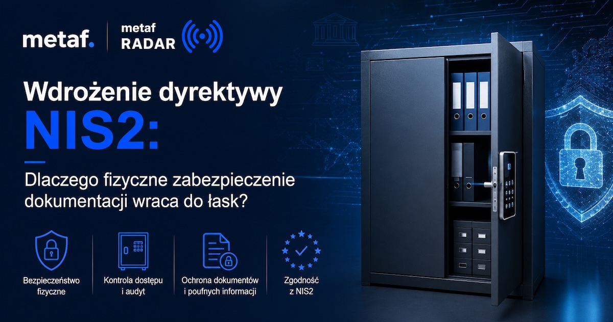 Metalowa szafa na dokumenty z symbolem zamka i cyfrowej kontroli dostępu w kontekście NIS2
