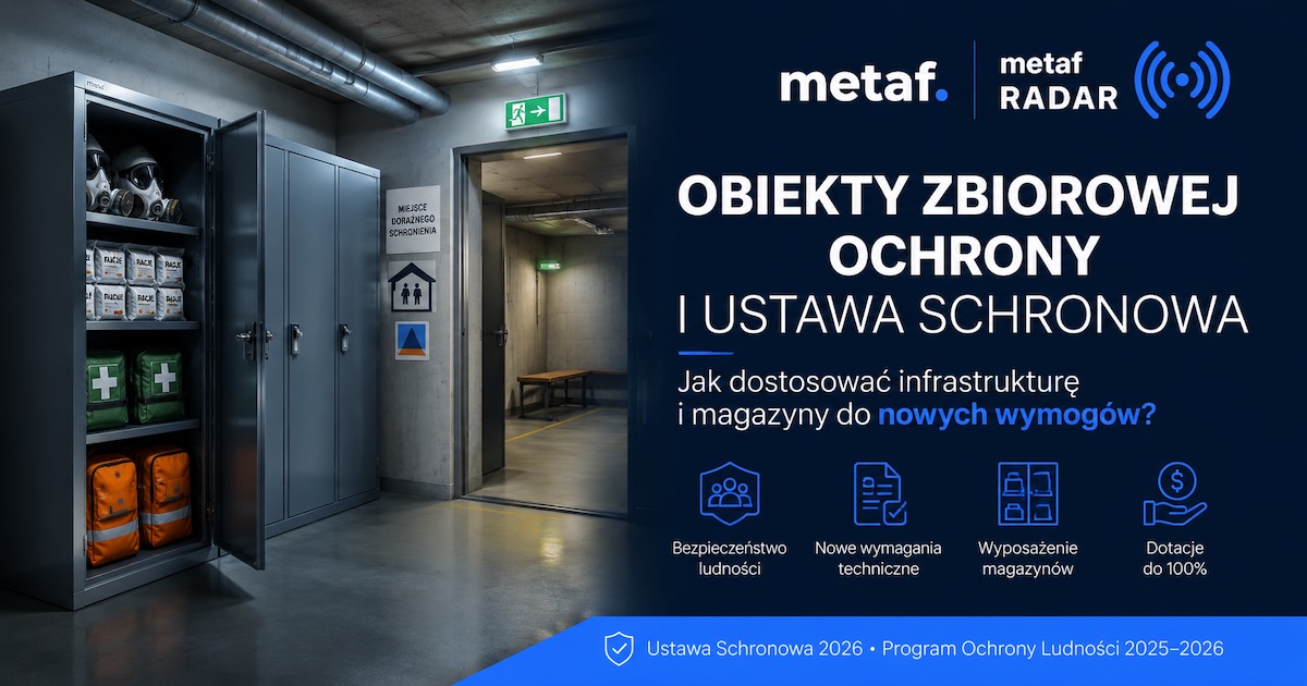 Ciężka szafa metalowa w pomieszczeniu technicznym przeznaczonym na wyposażenie kryzysowe