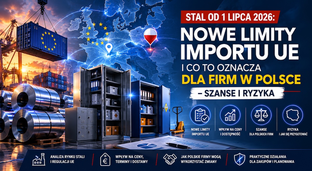 Szafy metalowe w zakładzie pracy na tle arkuszy blachy i wykresu ryzyka dostaw stali