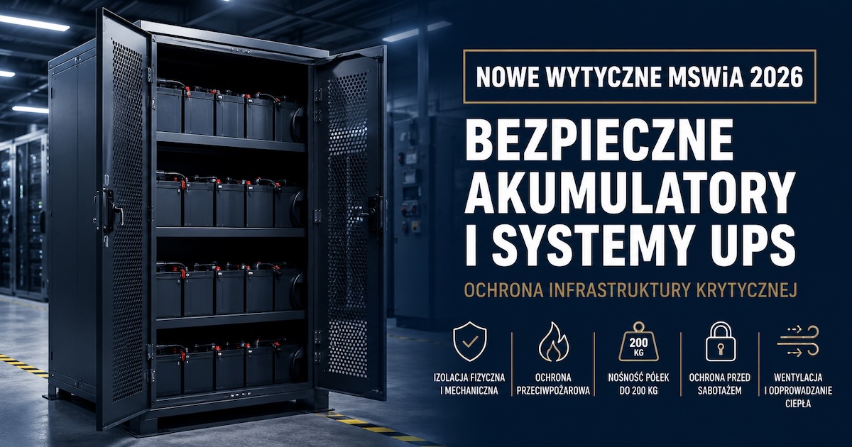 Ciężka metalowa szafa techniczna z perforowanymi drzwiami w pomieszczeniu UPS