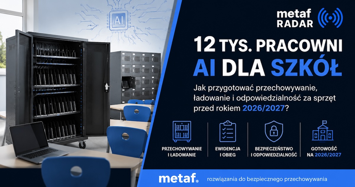 Szkolna strefa z metalową szafą do przechowywania i ładowania laptopów