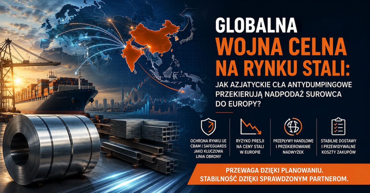 Zwoje stali i kontenery transportowe na tle symbolicznej mapy szlaków handlowych do Europy
