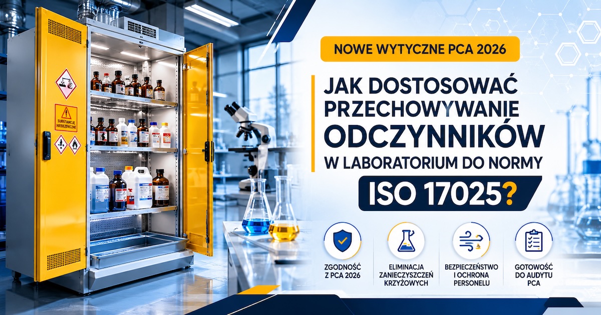 Metalowa szafa laboratoryjna na odczynniki z tacami wychwytowymi i dokumentacją SDS