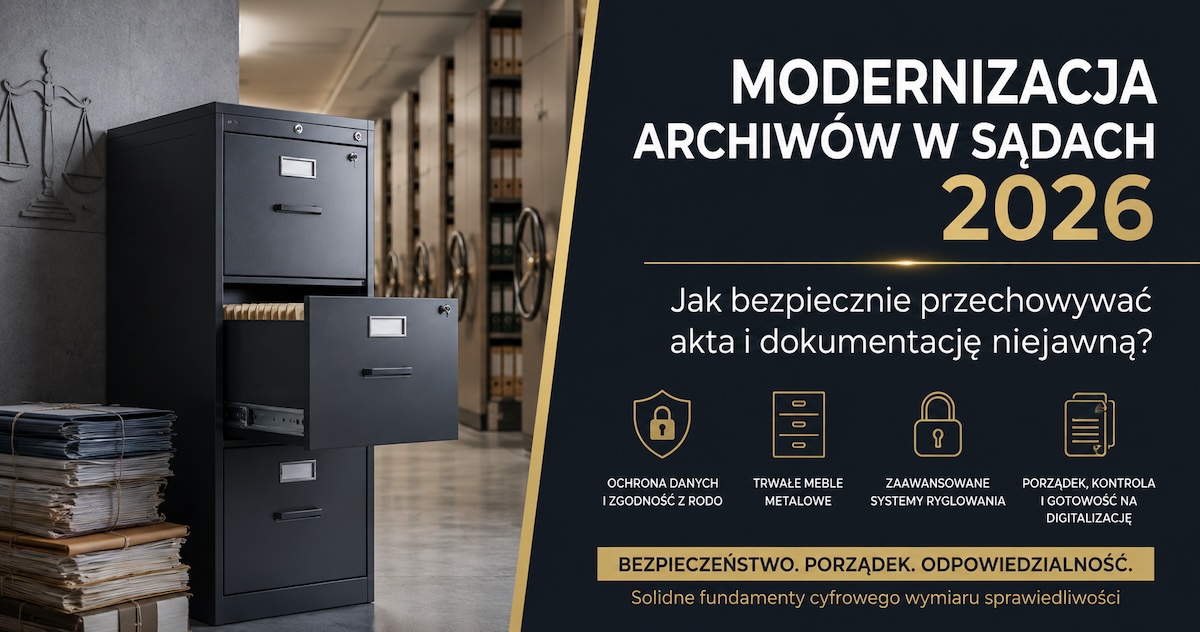 Metalowe szafy kartotekowe i aktowe w uporządkowanym archiwum sądowym