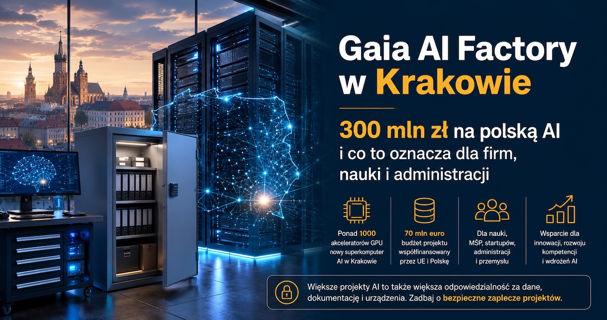 Abstrakcyjna wizualizacja polskiej infrastruktury AI, danych i zaplecza obliczeniowego w Krakowie