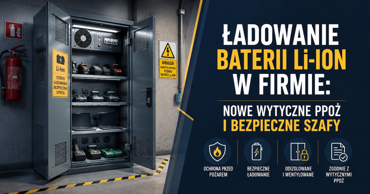 Profesjonalna strefa ładowania baterii Li-Ion w firmie z metalowymi szafami i uporządkowanymi przewodami