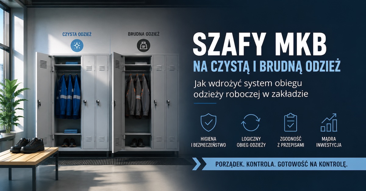 Metalowe szafy MKB do rozdzielenia czystej i brudnej odzieży w zapleczu zakładowym