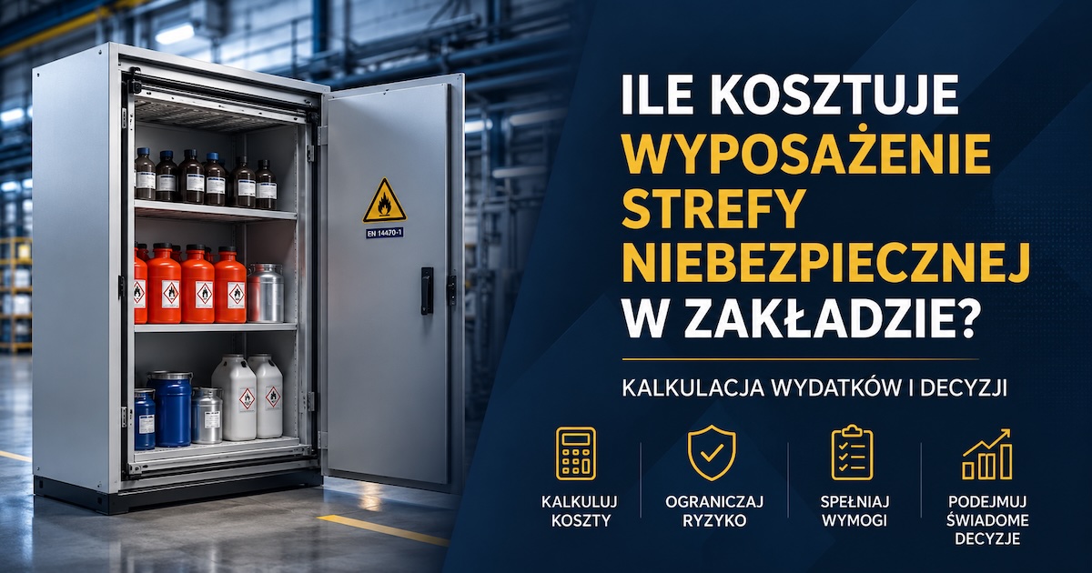 Szafa chemiczna ognioodporna w strefie przechowywania substancji niebezpiecznych w zakładzie produkcyjnym