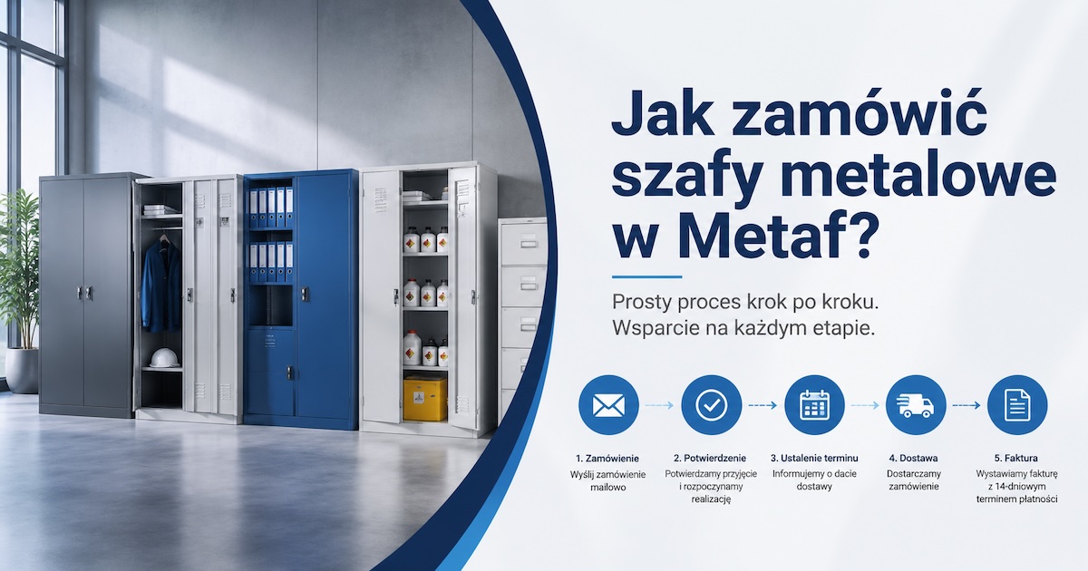 Proces zamawiania szaf metalowych w Metaf pokazany jako uporządkowany przepływ B2B