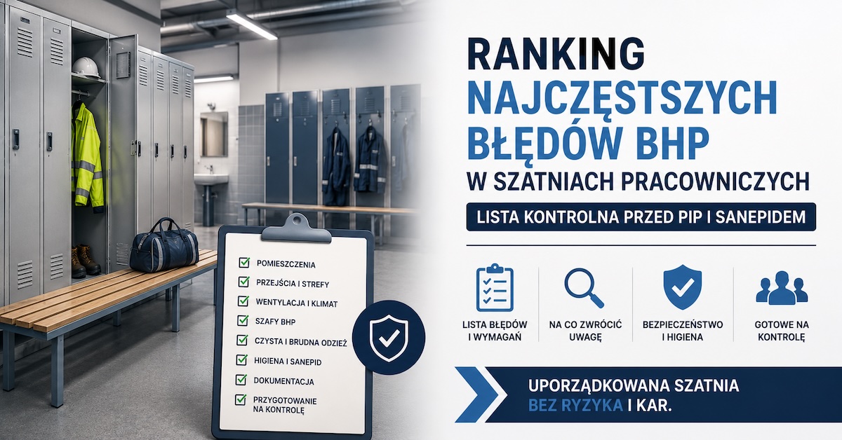 Uporządkowana szatnia pracownicza z metalowymi szafami BHP oraz checklistą kontroli PIP i Sanepidu