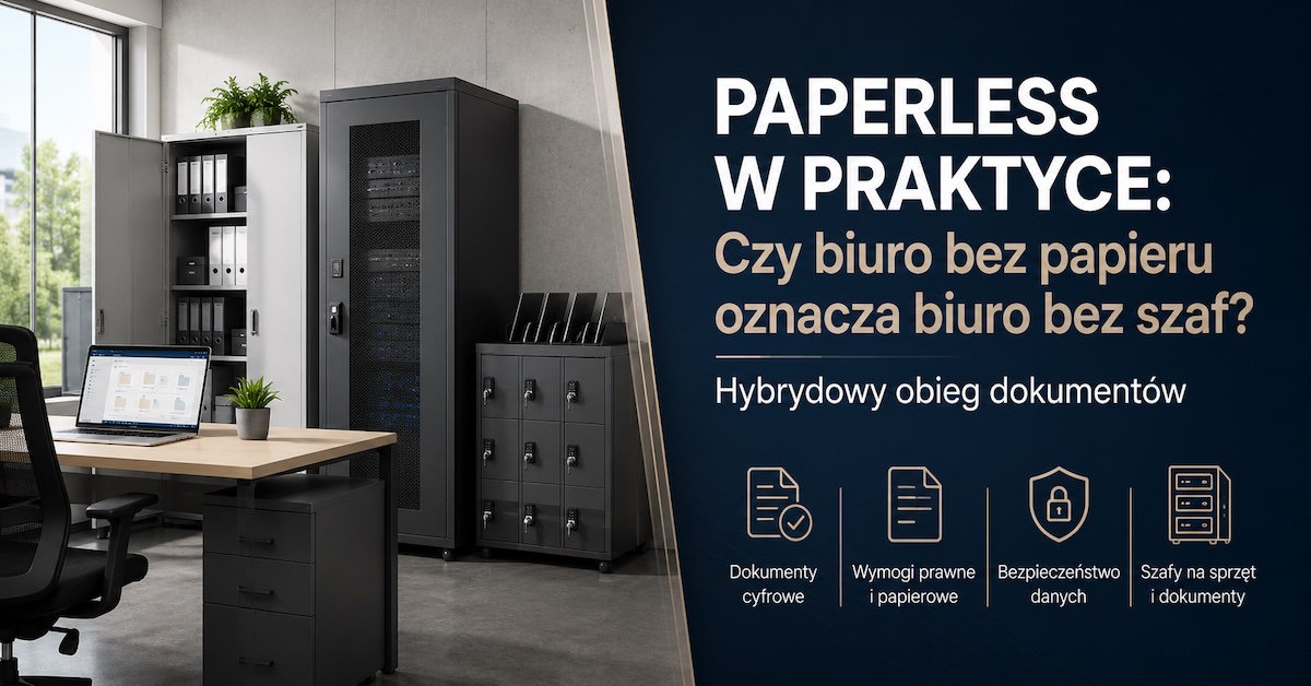 Biuro hybrydowe z metalową szafą na dokumenty, skanerem i szafą na laptopy