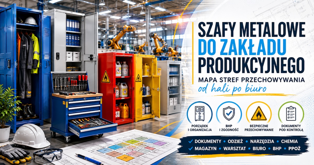 Schemat zakładu produkcyjnego z wydzielonymi strefami przechowywania szaf metalowych