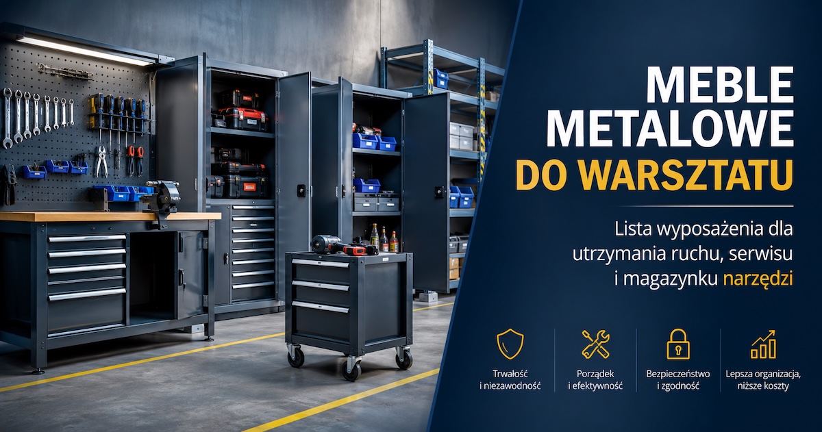 Uporządkowany warsztat utrzymania ruchu z szafami metalowymi, regałami i wózkiem serwisowym